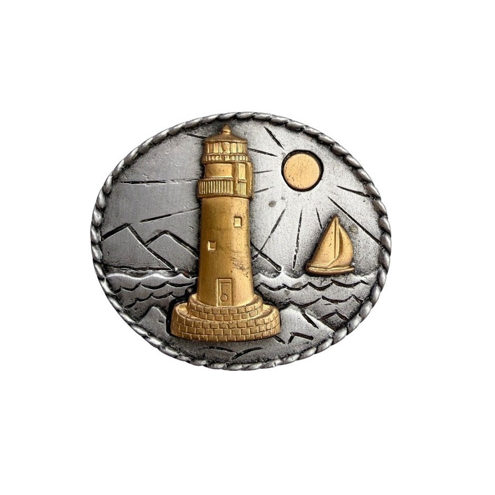 JJ Jonette VTG Lighthouse Sailboat Brooch Two Tone Nautical Ocean Sailing Oval